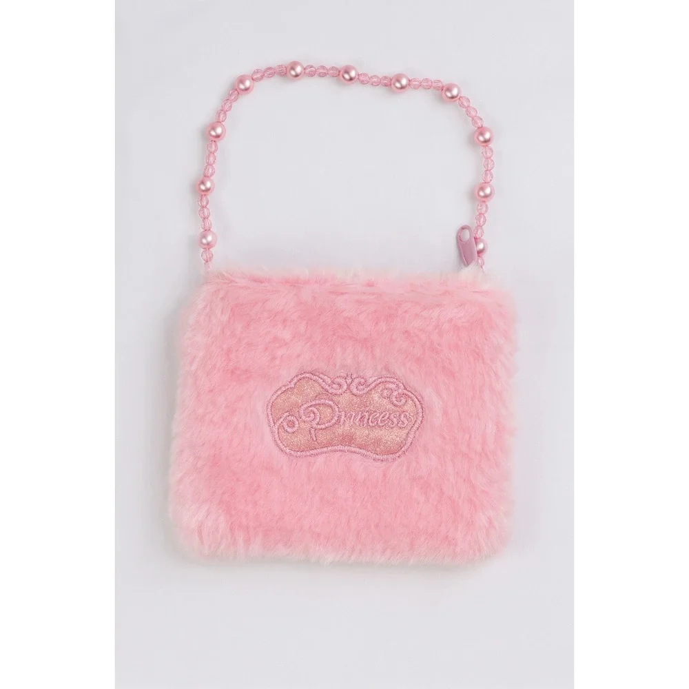 Princess Girl's Pink Faux Fur Beaded Handle Purse Handbag Adorable‎ Cute